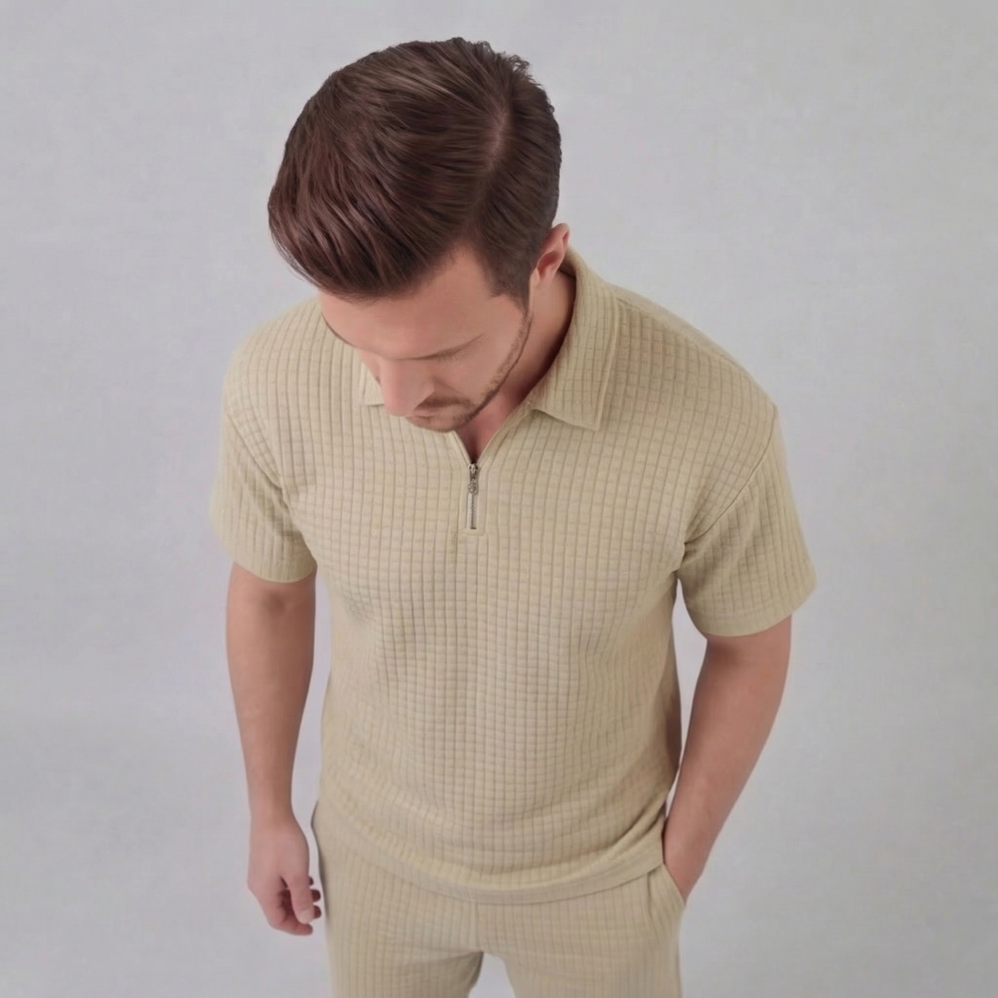 Waffle Knit Set Men's Summer Casual Half Zip Polo