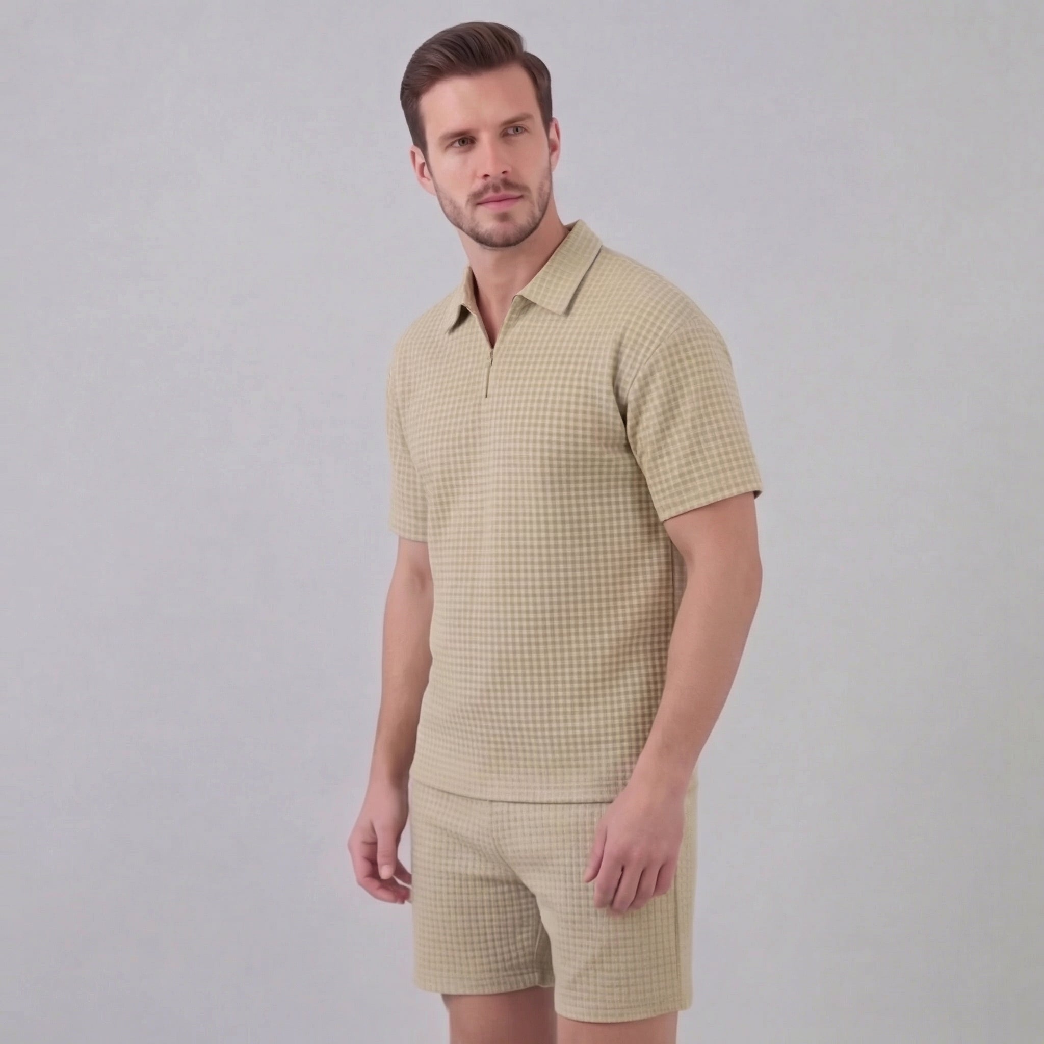Waffle Knit Set Men's Summer Casual Half Zip Polo
