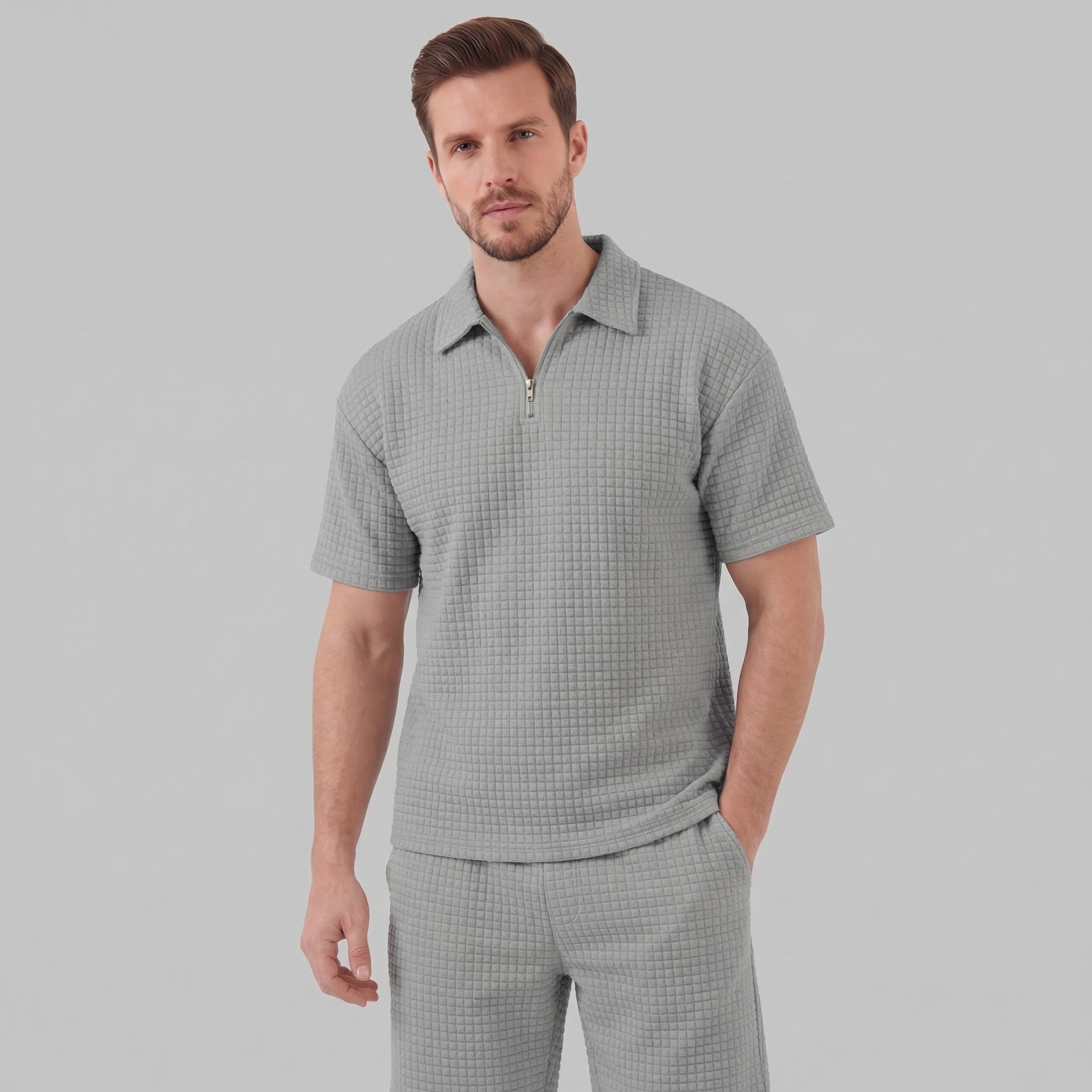 Waffle Knit Set Men's Summer Casual Half Zip Polo