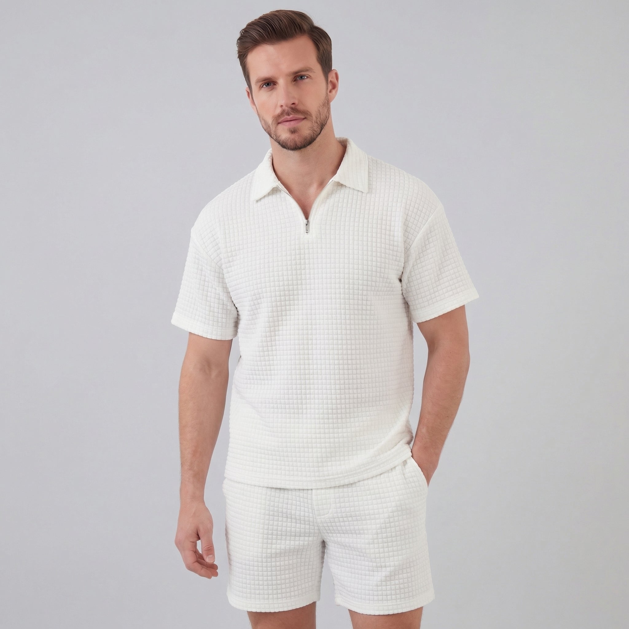 Waffle Knit Set Men's Summer Casual Half Zip Polo