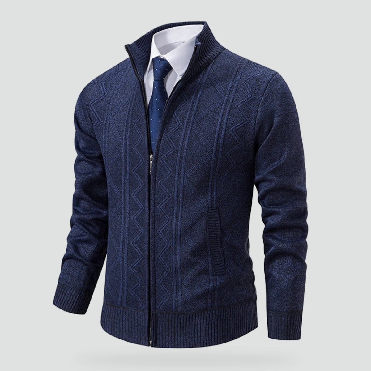 Warm Knitted Men's Gilet with Stand-Up Collar and Zigzag Pattern