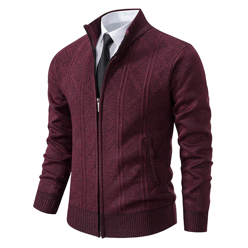 Warm Knitted Men's Gilet with Stand-Up Collar and Zigzag Pattern
