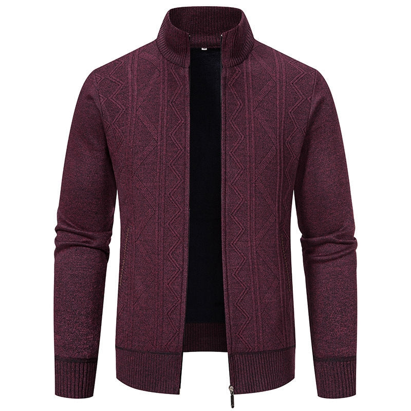 Warm Knitted Men's Gilet with Stand-Up Collar and Zigzag Pattern