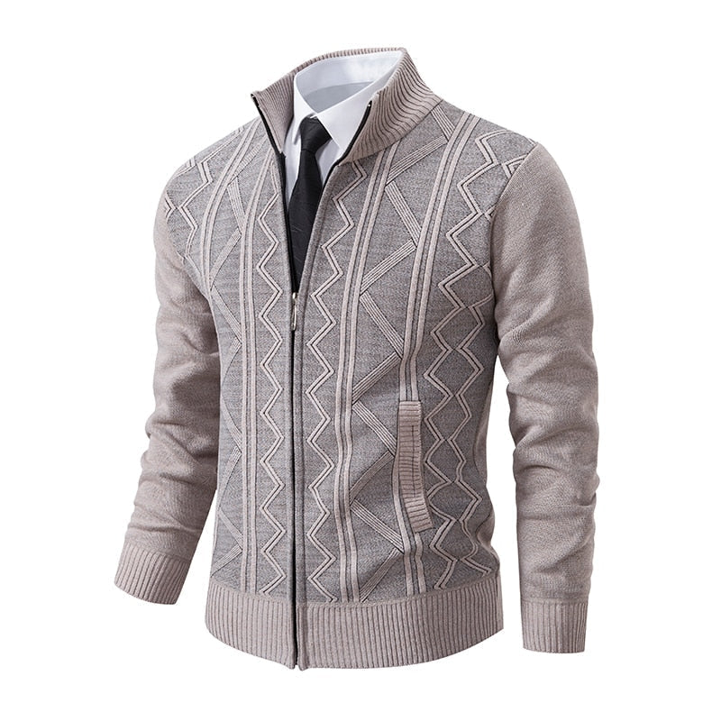 Warm Knitted Men's Gilet with Stand-Up Collar and Zigzag Pattern