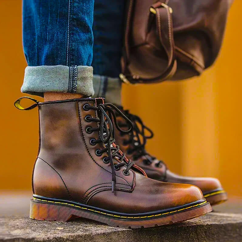Water-repellent Leather Lace-up Boots with Non-slip Sole for Men