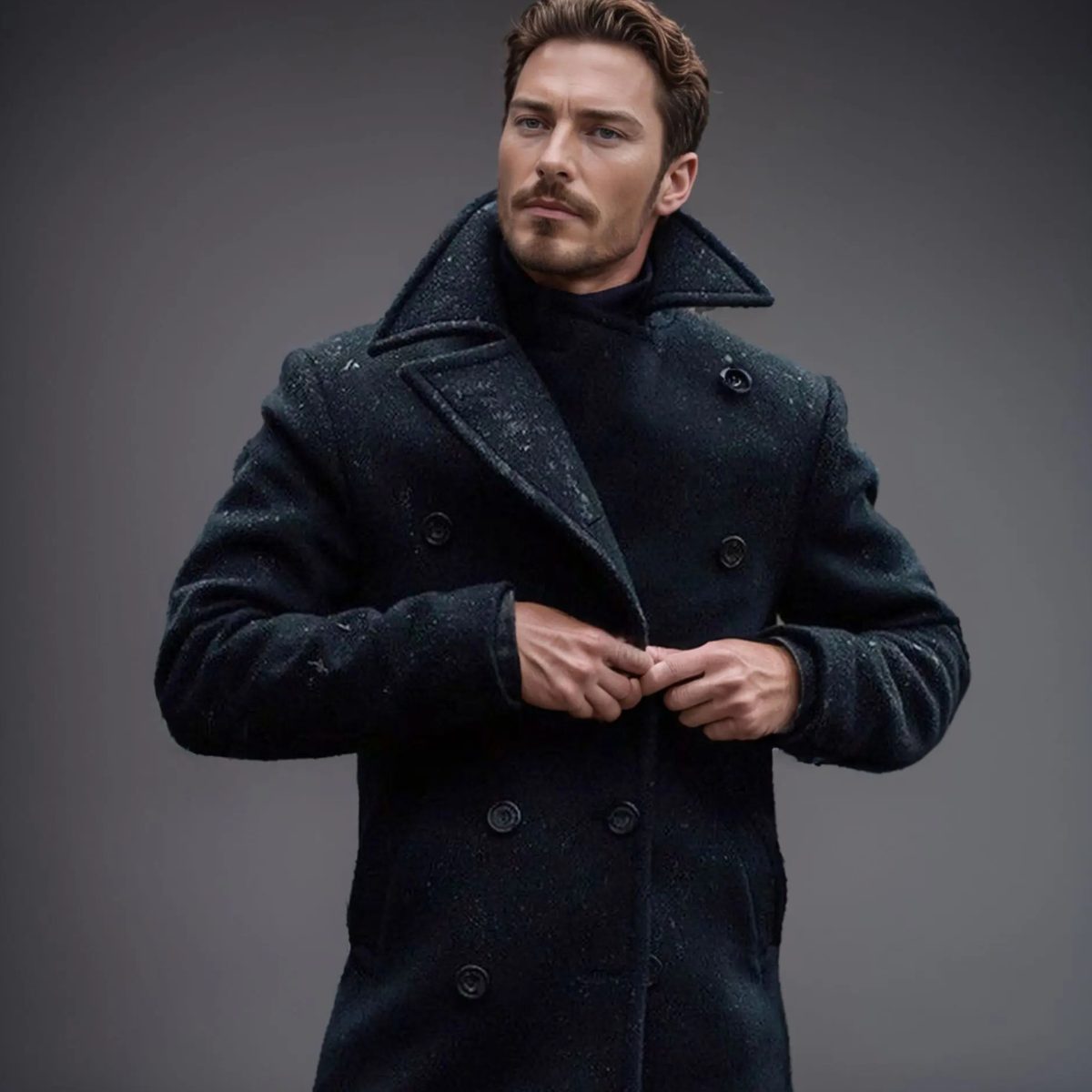 Men's Double-Breasted Wool Coat with Notched Lapel