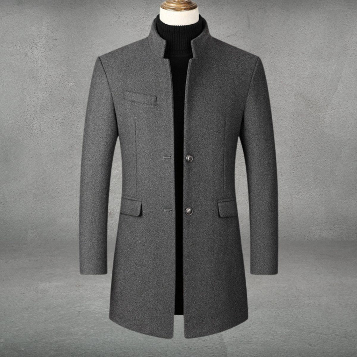 Men's Long Wool Coat with Stand-Up Collar and Flap Pockets