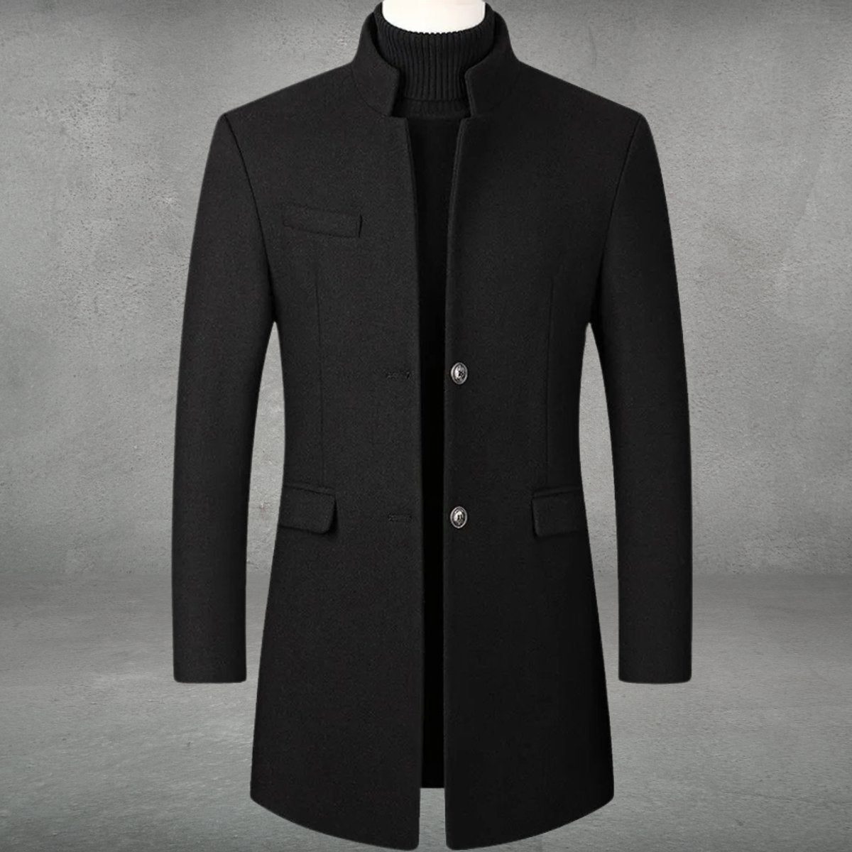 Men's Long Wool Coat with Stand-Up Collar and Flap Pockets