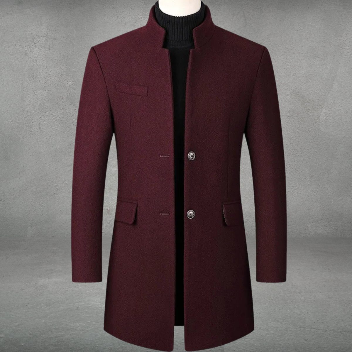 Men's Long Wool Coat with Stand-Up Collar and Flap Pockets