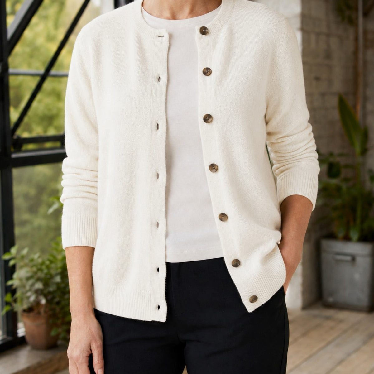 Women's Button-Up Knit Crew Neck Cardigan