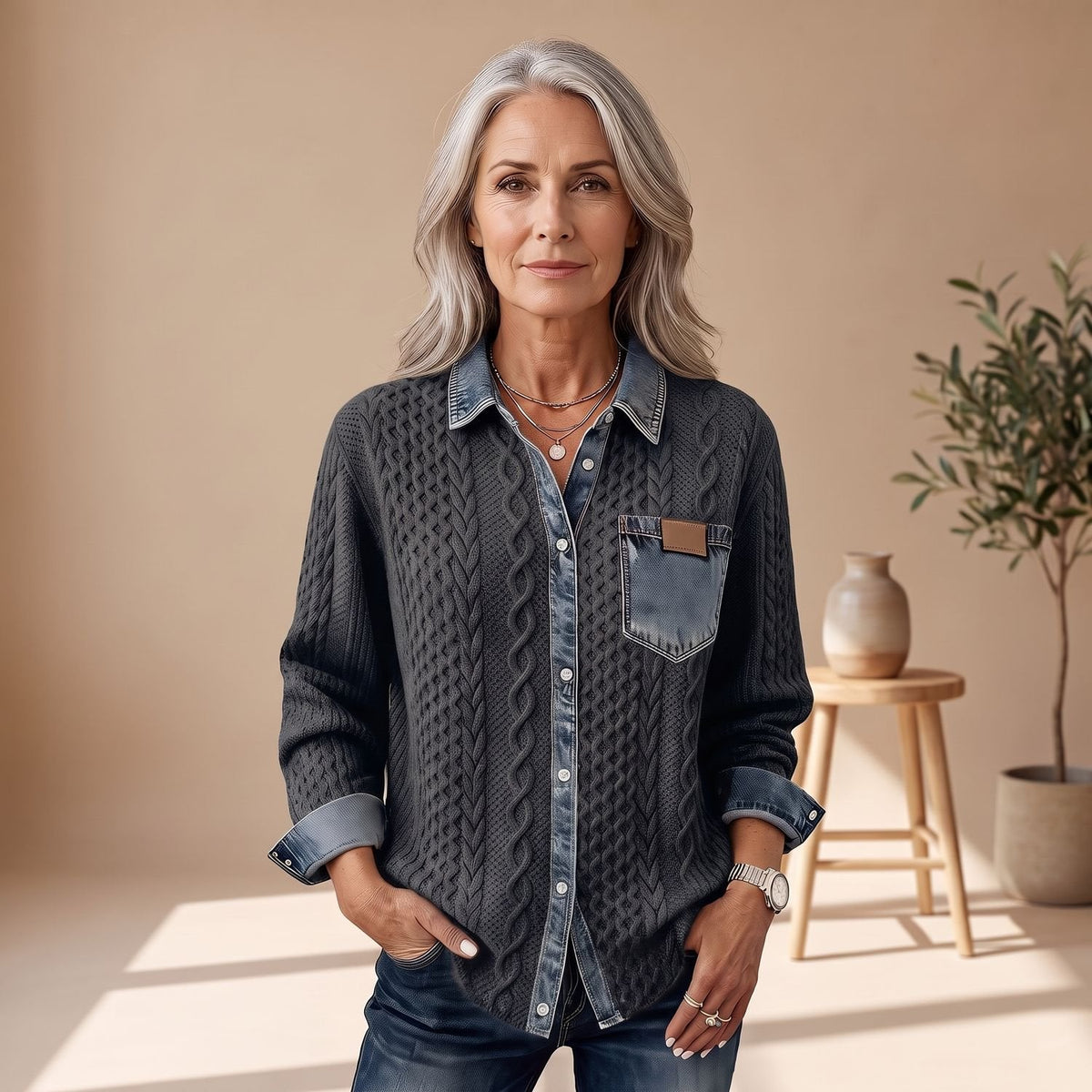 Aria | Women's Button-Down Sweater with Cable-Knit and Denim-Trim Patchwork
