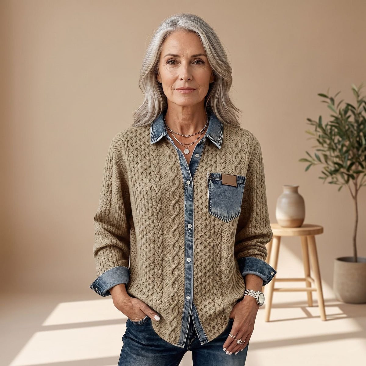 Aria | Women's Button-Down Sweater with Cable-Knit and Denim-Trim Patchwork