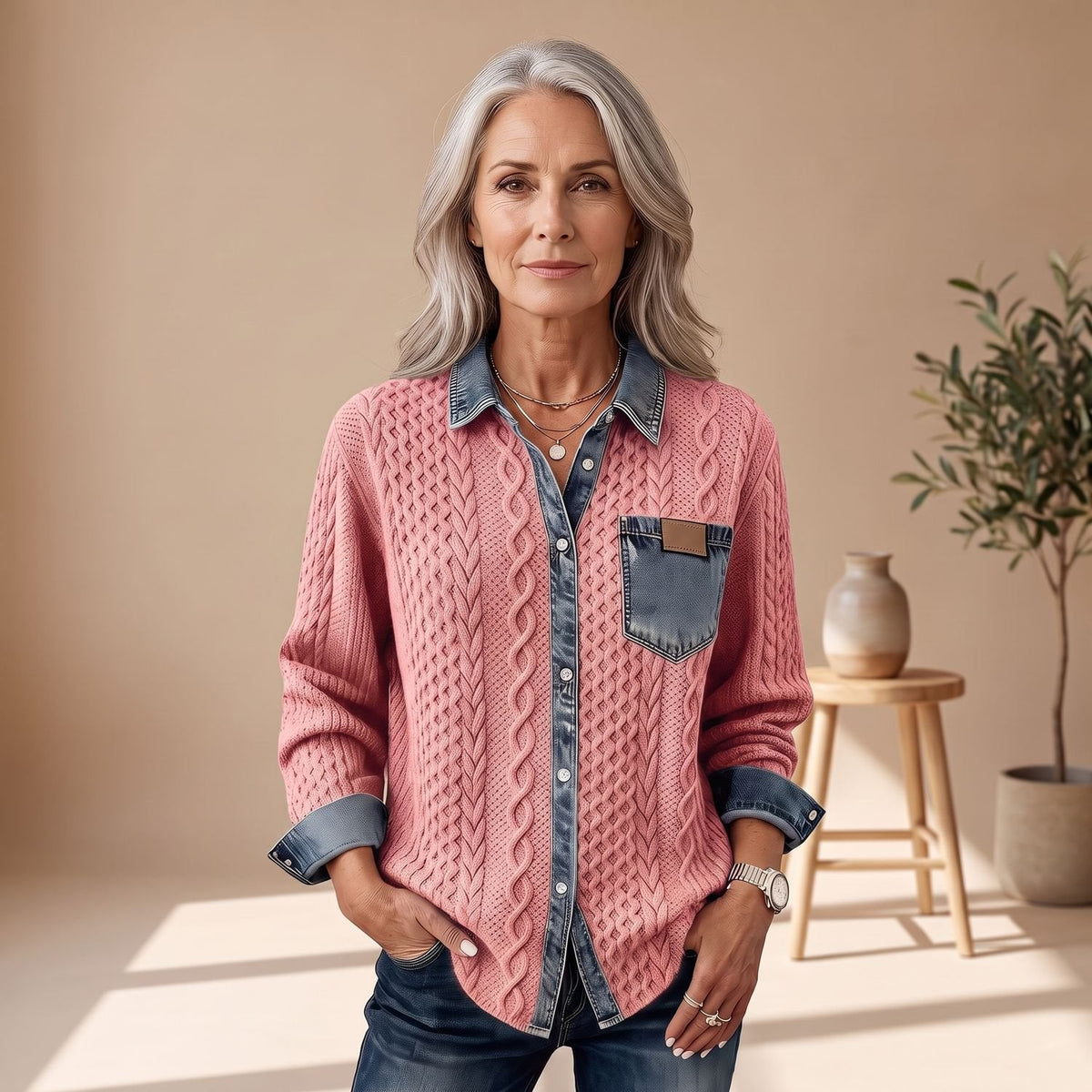 Aria | Women's Button-Down Sweater with Cable-Knit and Denim-Trim Patchwork