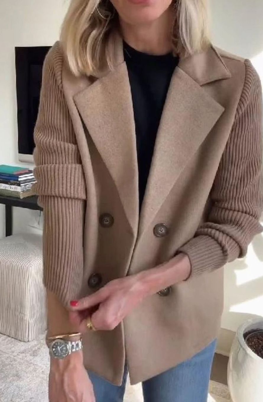 Eleanor | Women's Wool-Blend Blazer with Double-Breasted Design and Knit Sleeves