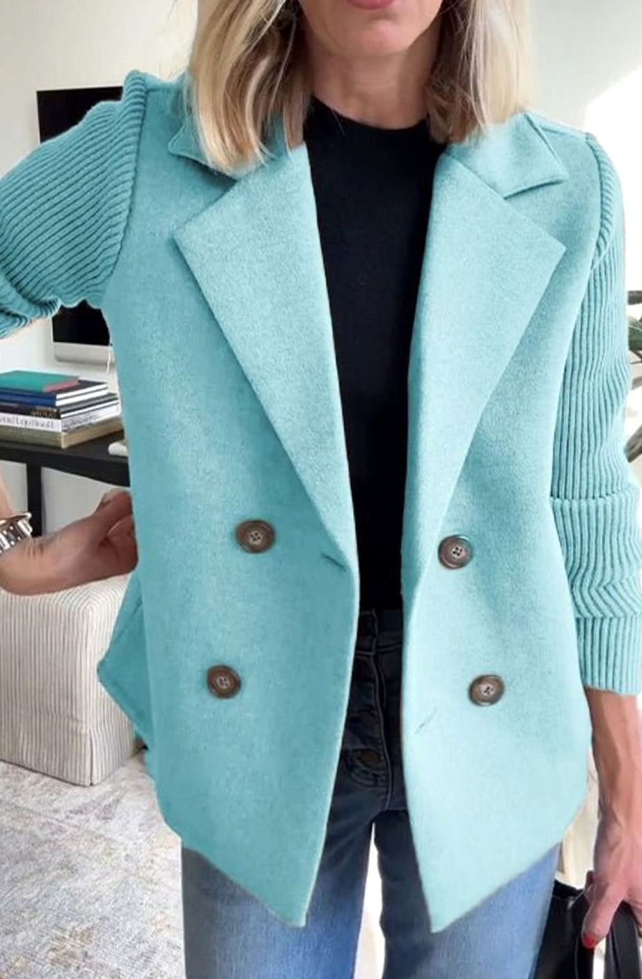 Eleanor | Women's Wool-Blend Blazer with Double-Breasted Design and Knit Sleeves