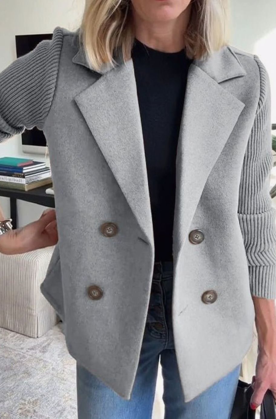 Eleanor | Women's Wool-Blend Blazer with Double-Breasted Design and Knit Sleeves