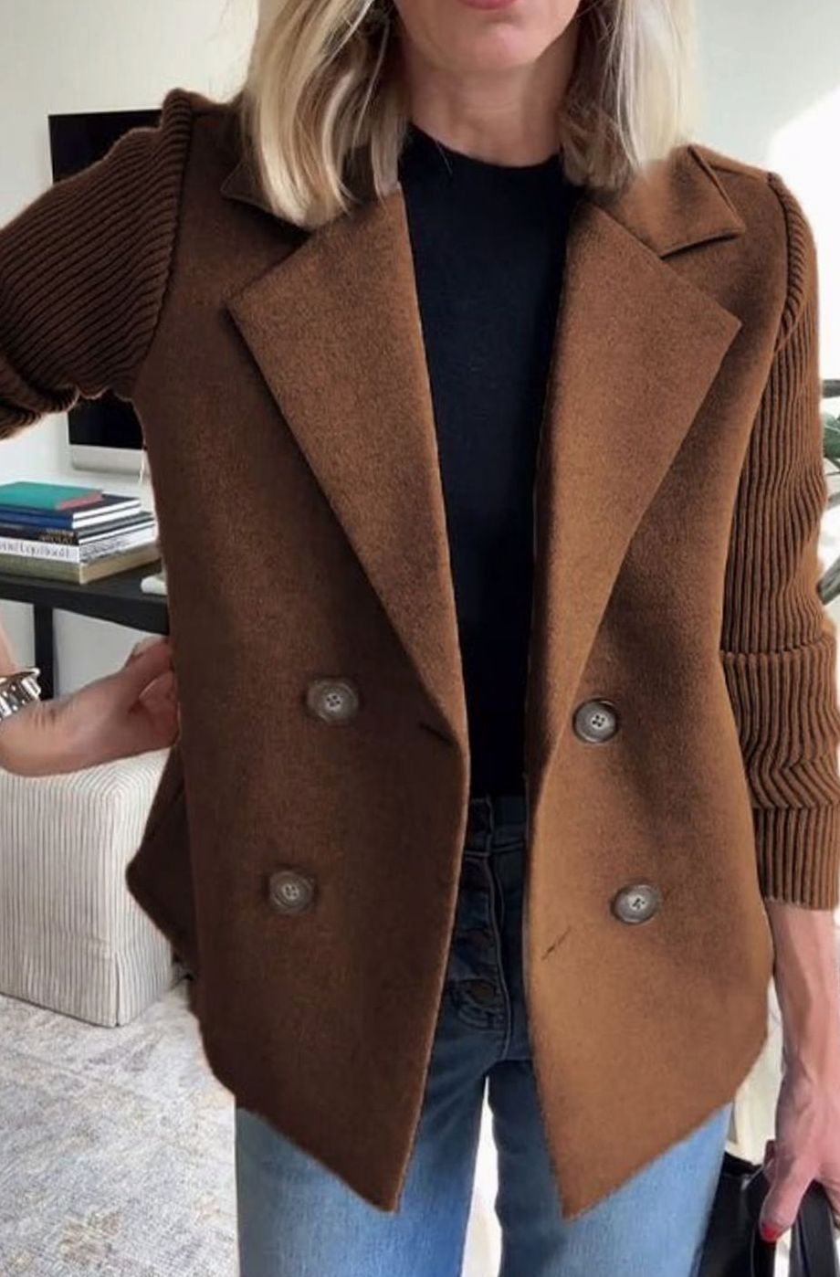 Eleanor | Women's Wool-Blend Blazer with Double-Breasted Design and Knit Sleeves
