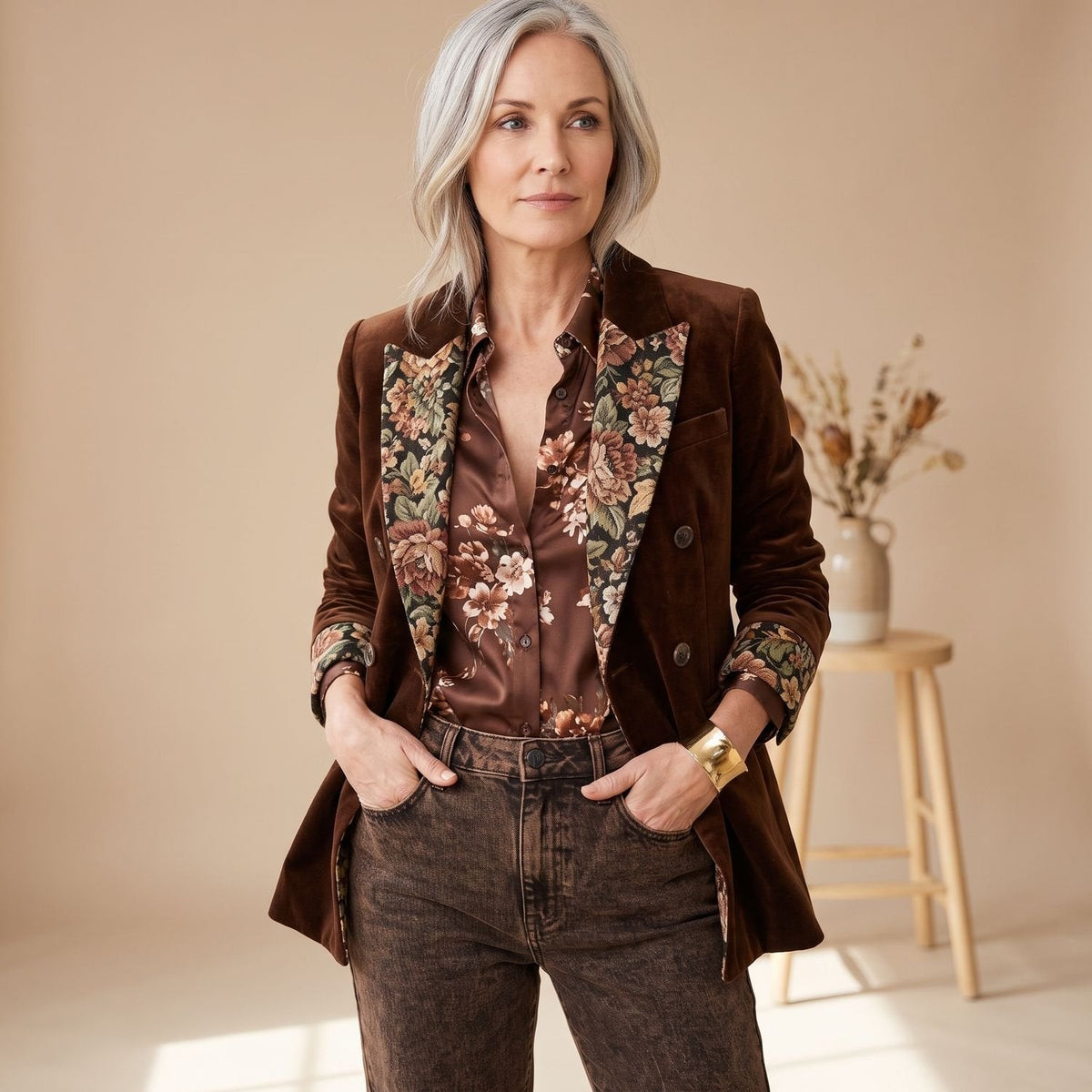 Amelia | Women's Velvet Floral-Lapel Blazer with Double-Breasted Design