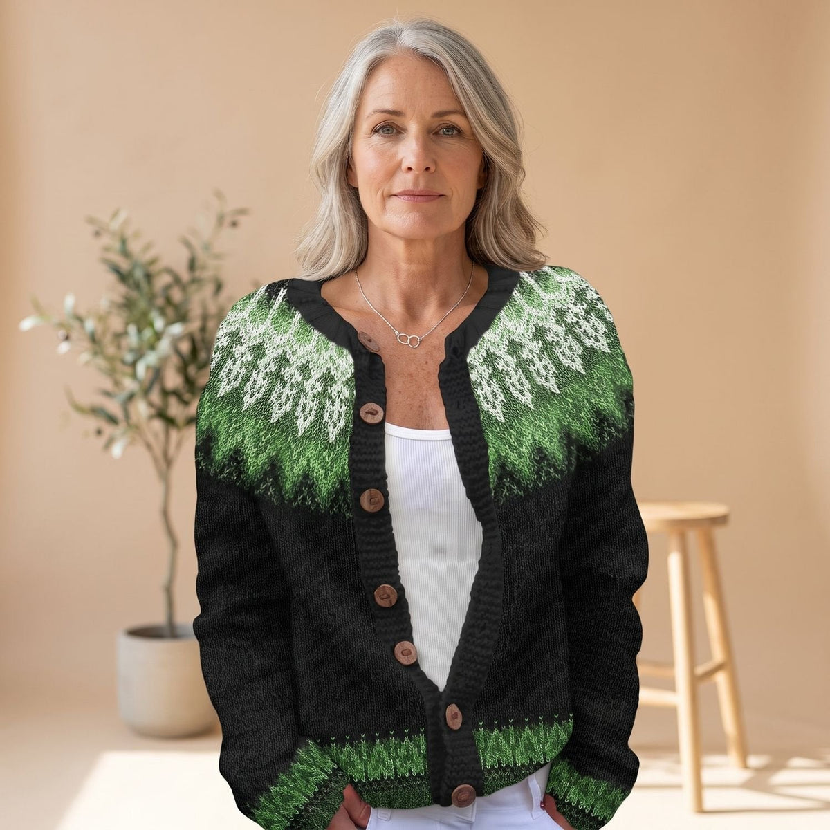 Amelia | Women's Button-Front Knit Cardigan with Fair Isle Design