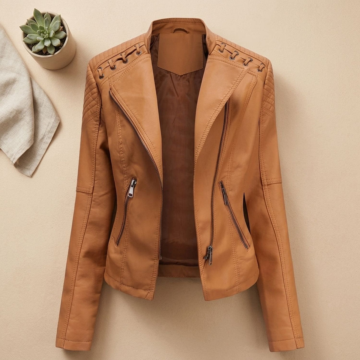 Victoria | Women's Lace-Up Shoulder Faux Leather Biker Jacket with Zip-Up Closure
