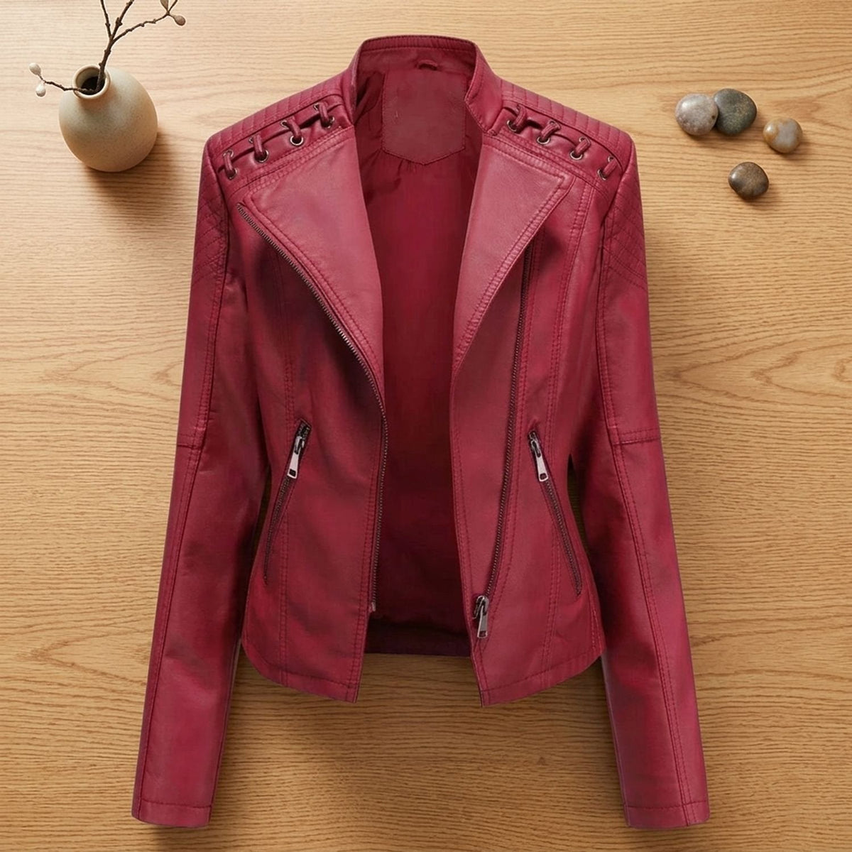 Victoria | Women's Lace-Up Shoulder Faux Leather Biker Jacket with Zip-Up Closure