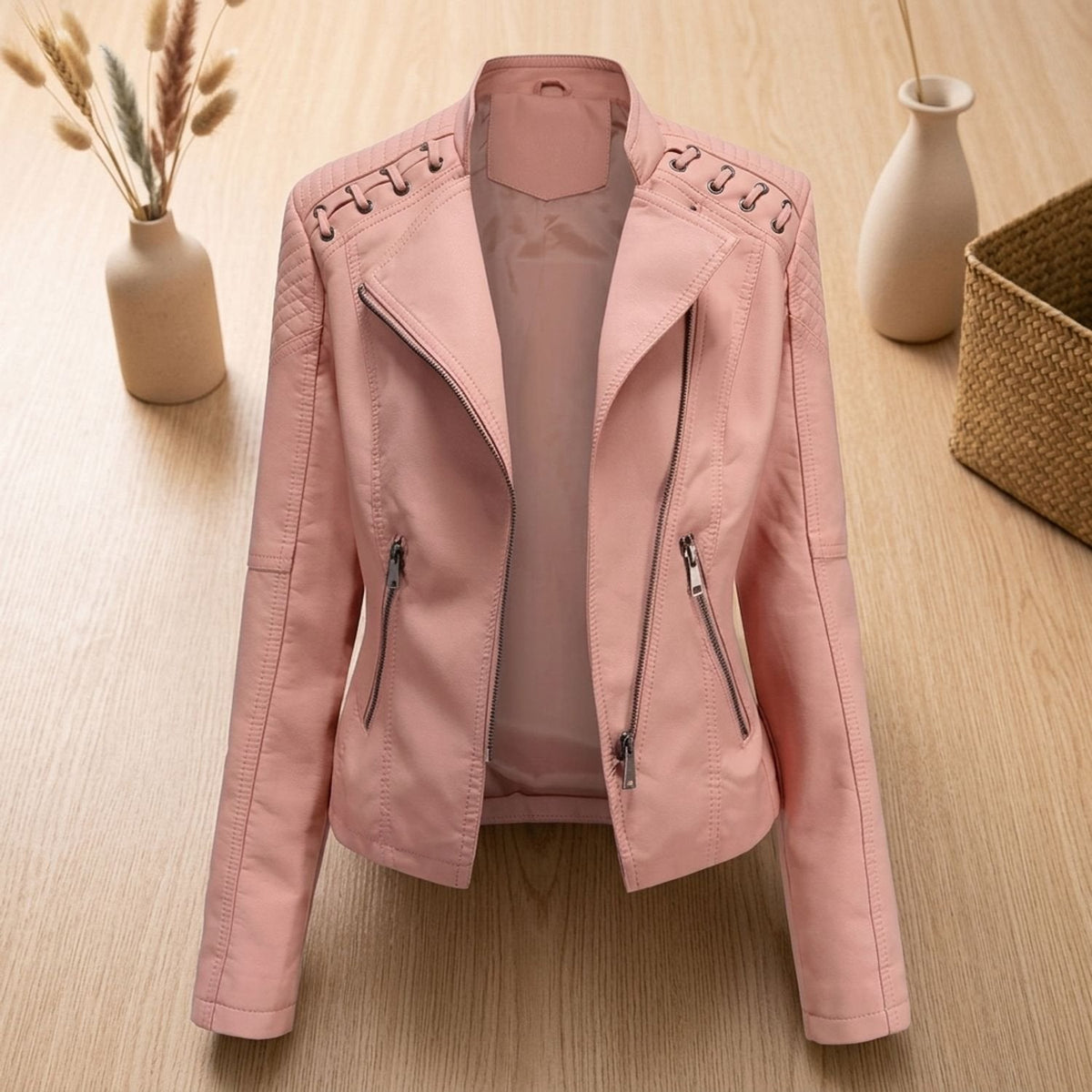 Victoria | Women's Lace-Up Shoulder Faux Leather Biker Jacket with Zip-Up Closure