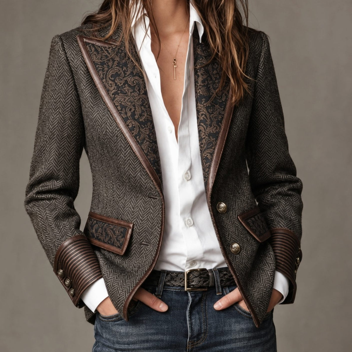 Mia | Women's Structured Blazer with Herringbone Print Panels