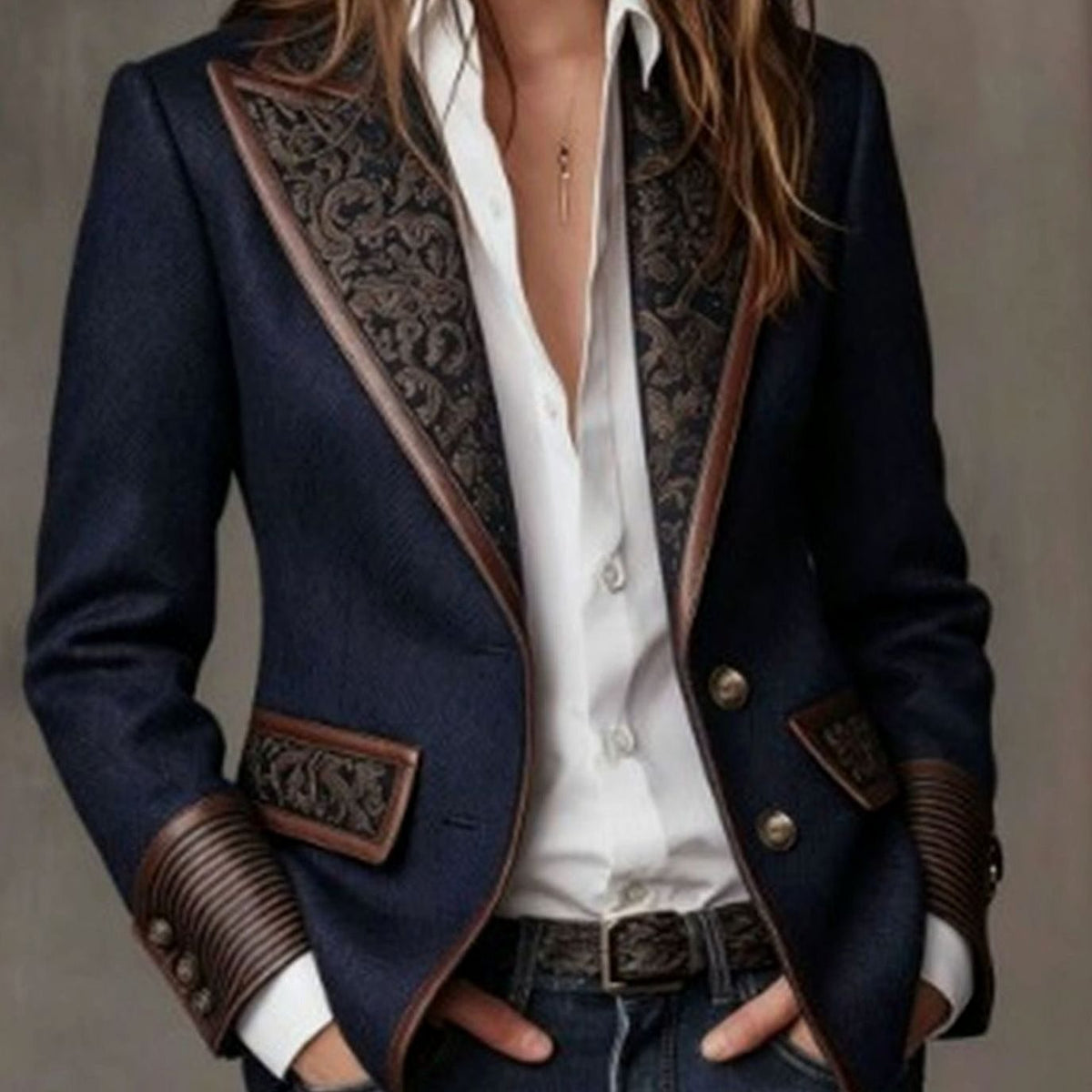 Mia | Women's Structured Blazer with Herringbone Print Panels