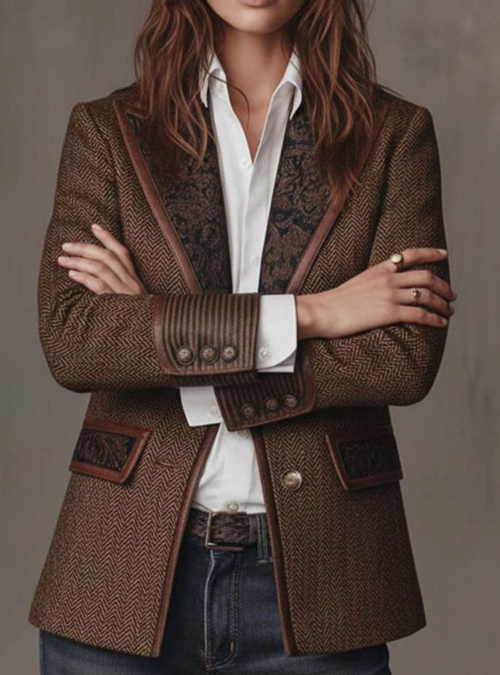 Mia | Women's Structured Blazer with Herringbone Print Panels
