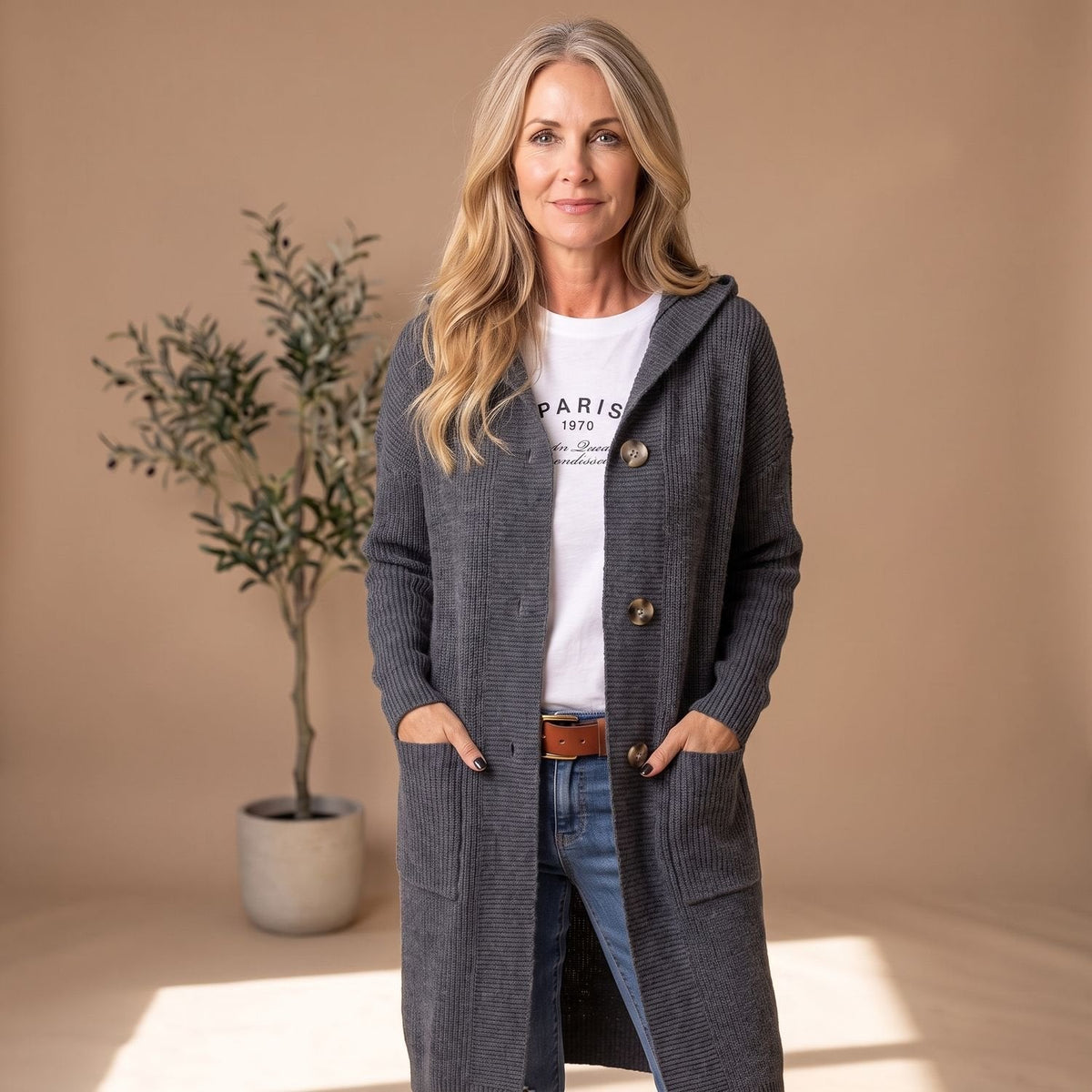 Emma | Women's Long Ribbed Knit Cardigan with Hood and Button Front