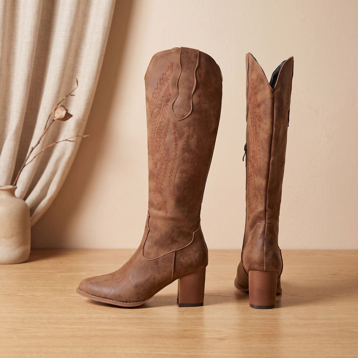 Aria | Women's Embroidered Faux Leather Knee-High Cowgirl Boots