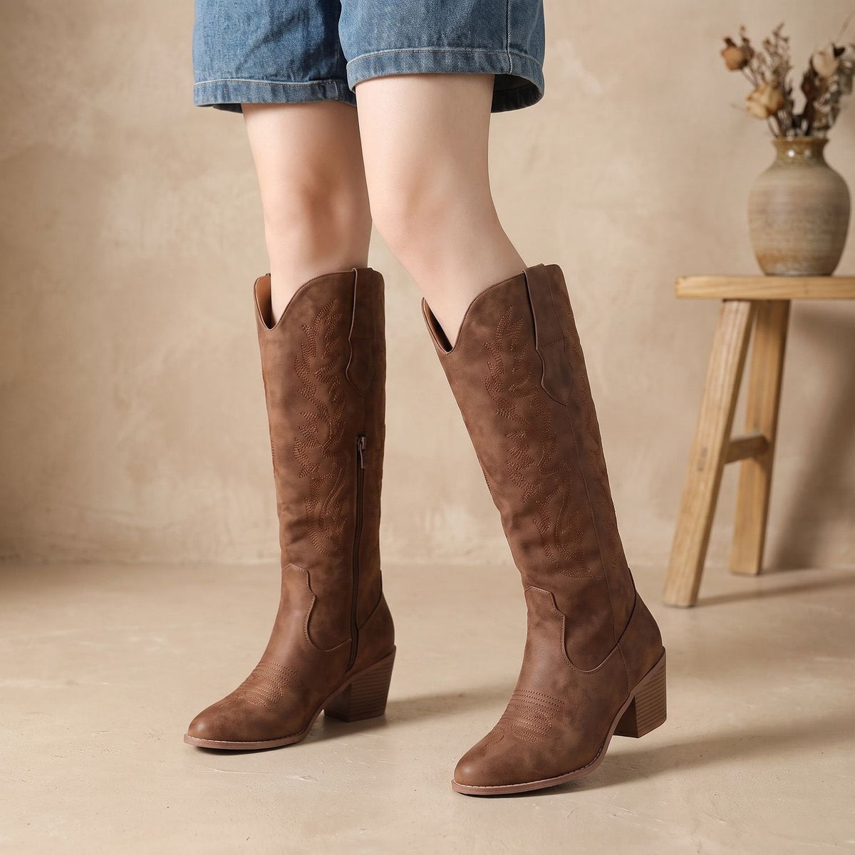 Aria | Women's Embroidered Faux Leather Knee-High Cowgirl Boots
