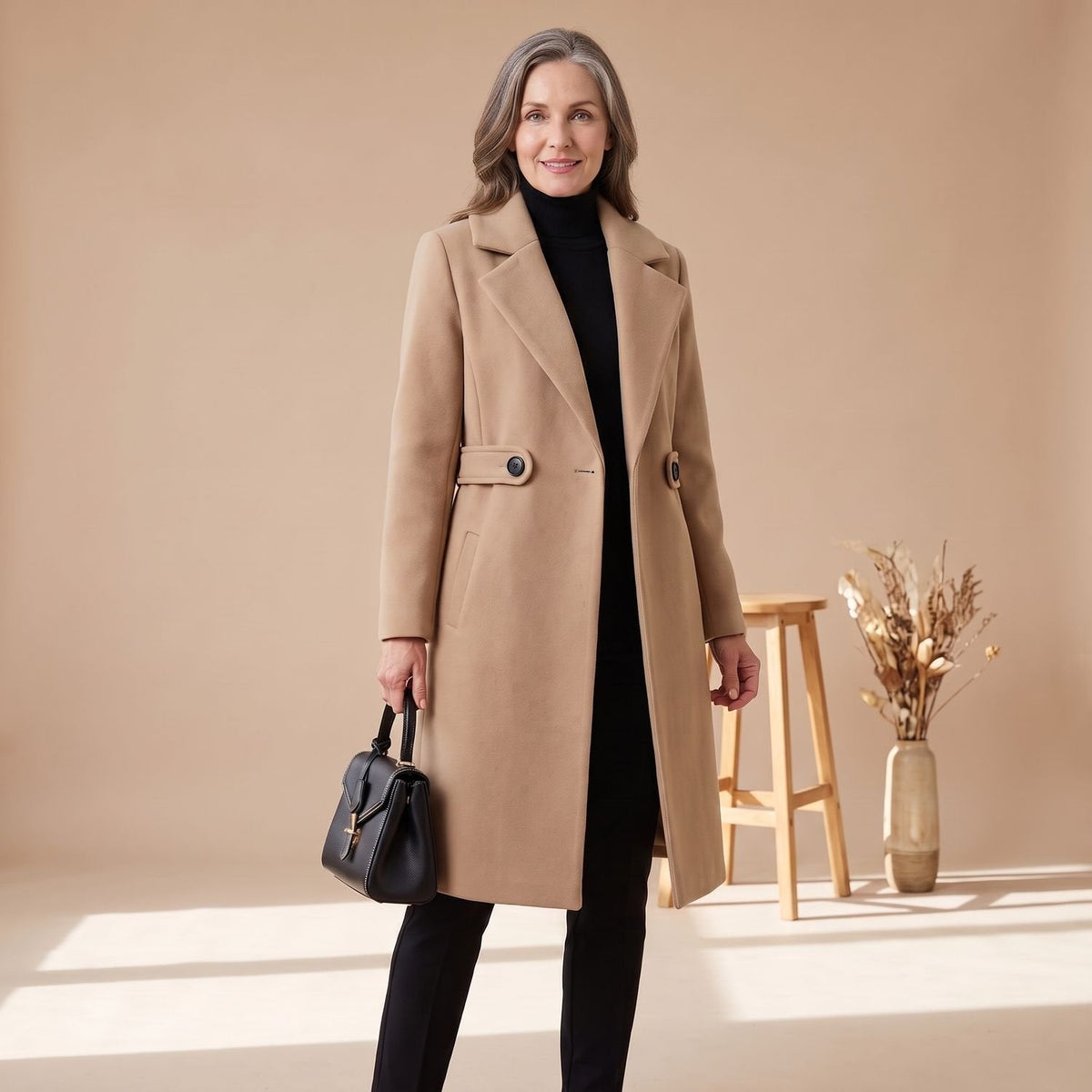 Penelope | Women's Notch Lapel Longline Wool Coat with Double Buttons