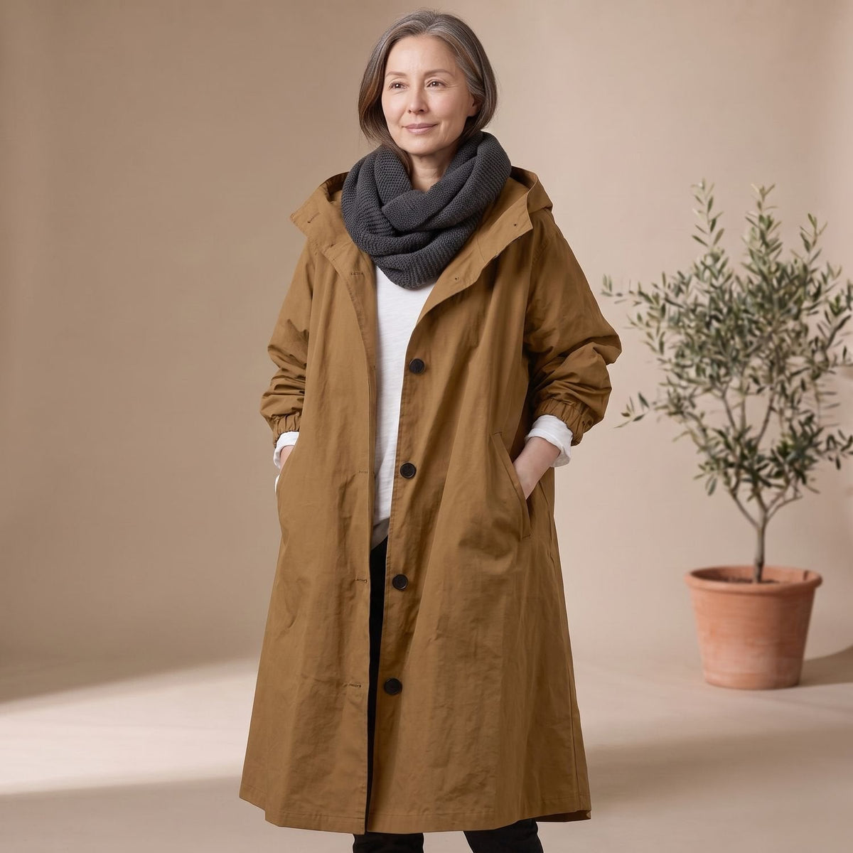 Mia | Women's A-Line Long Trench Coat with Oversized Hood