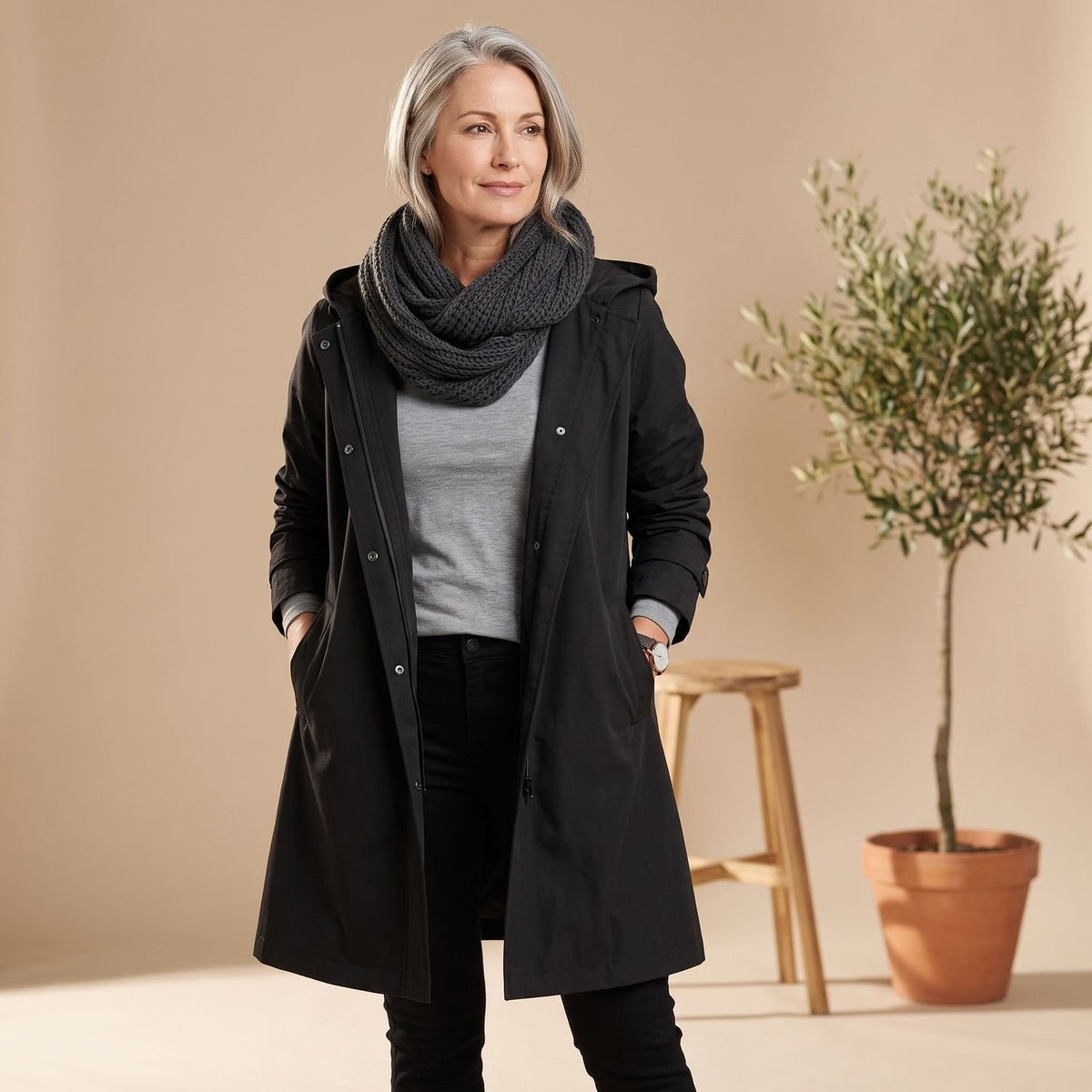 Mia | Women's A-Line Long Trench Coat with Oversized Hood