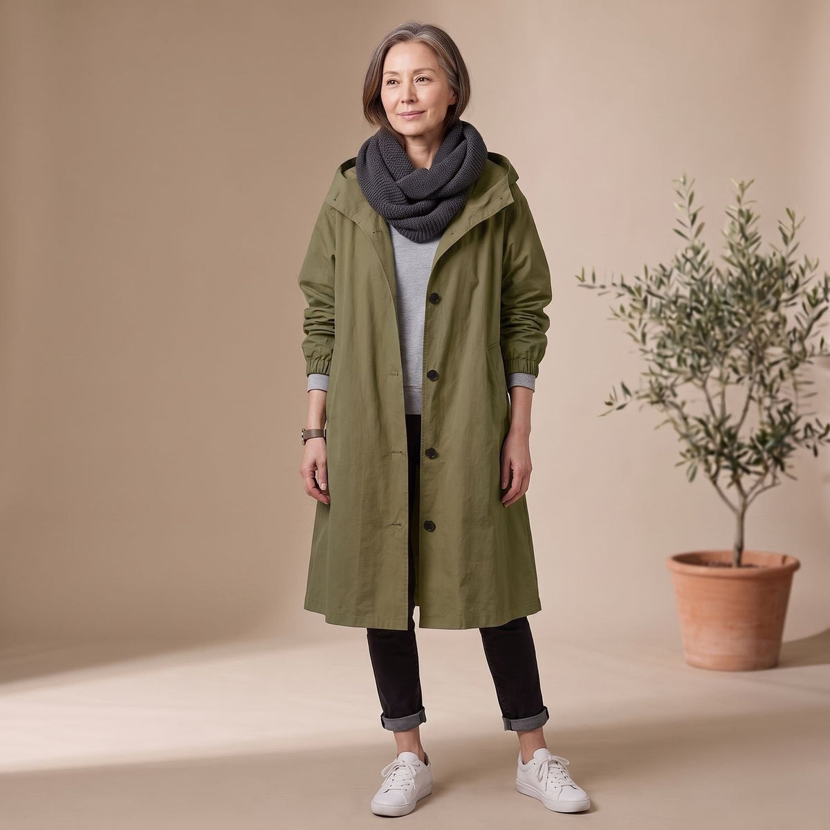 Mia | Women's A-Line Long Trench Coat with Oversized Hood