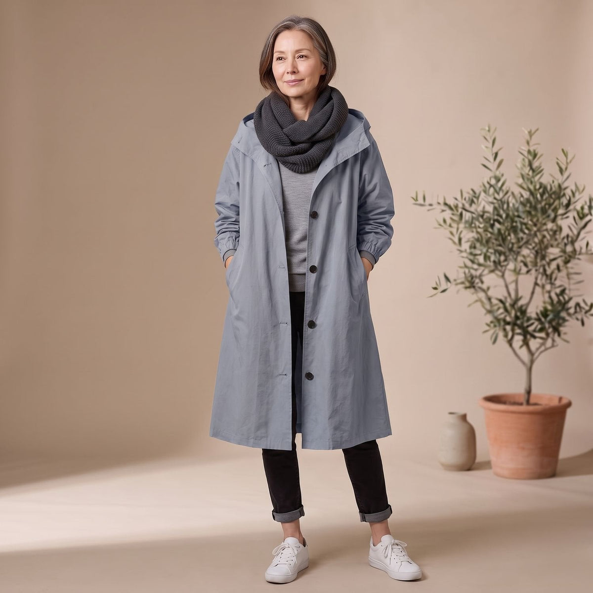 Mia | Women's A-Line Long Trench Coat with Oversized Hood
