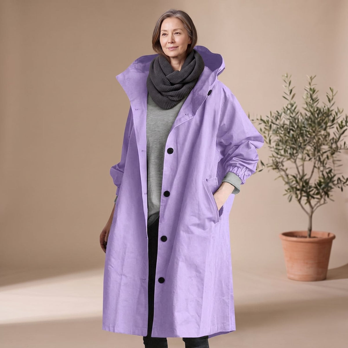 Mia | Women's A-Line Long Trench Coat with Oversized Hood