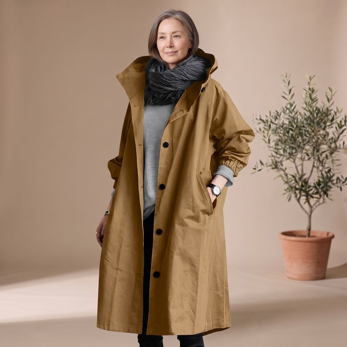 Mia | Women's A-Line Long Trench Coat with Oversized Hood