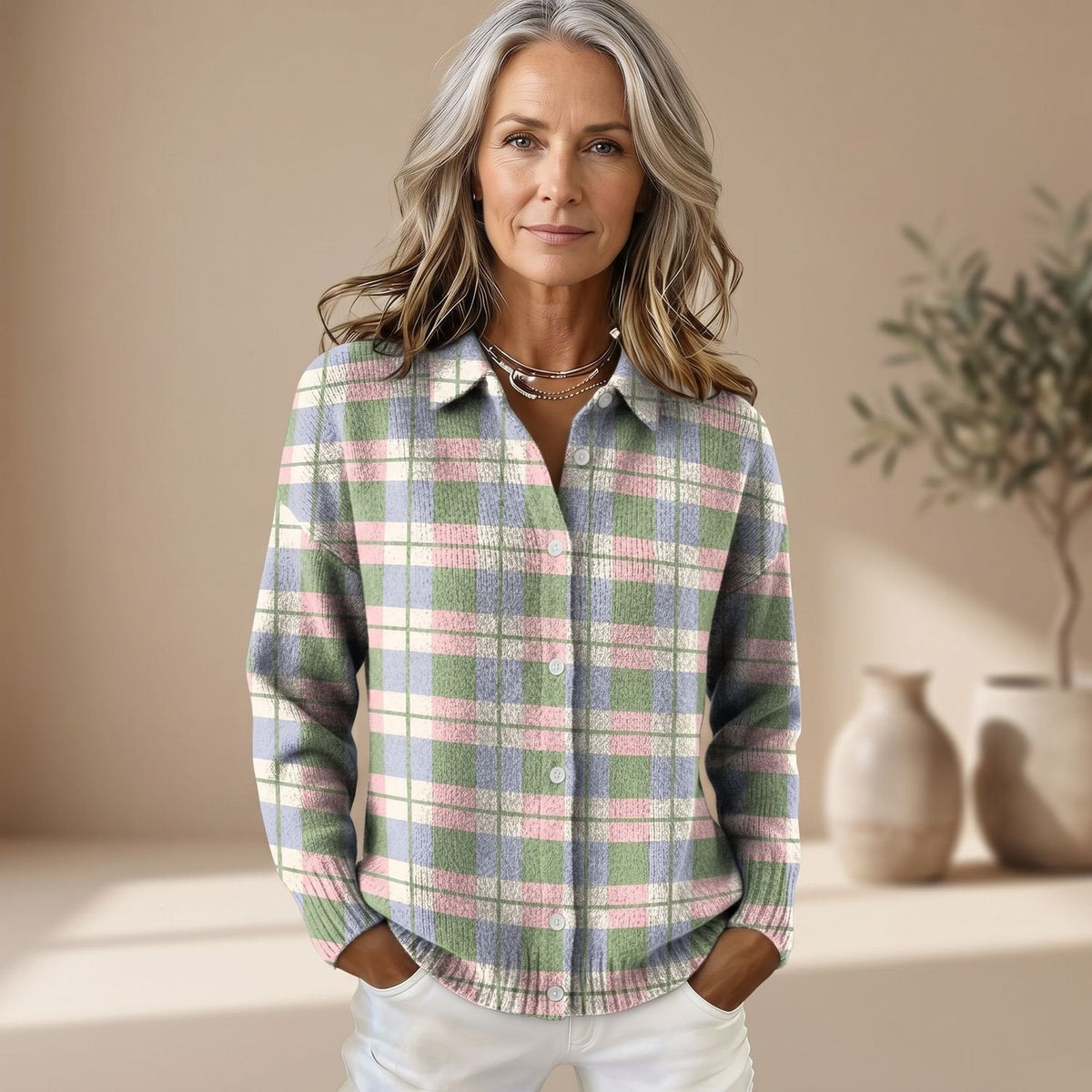 Olivia | Women's Collared Button-Front Overshirt in Pastel Plaid Shacket Style