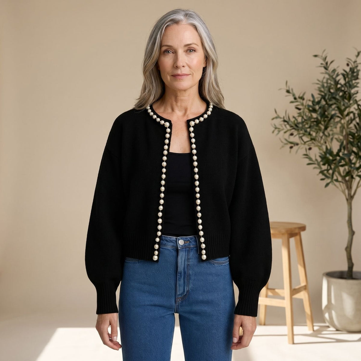 Evelyn | Women's Cropped Knit Cardigan with Pearl Trim
