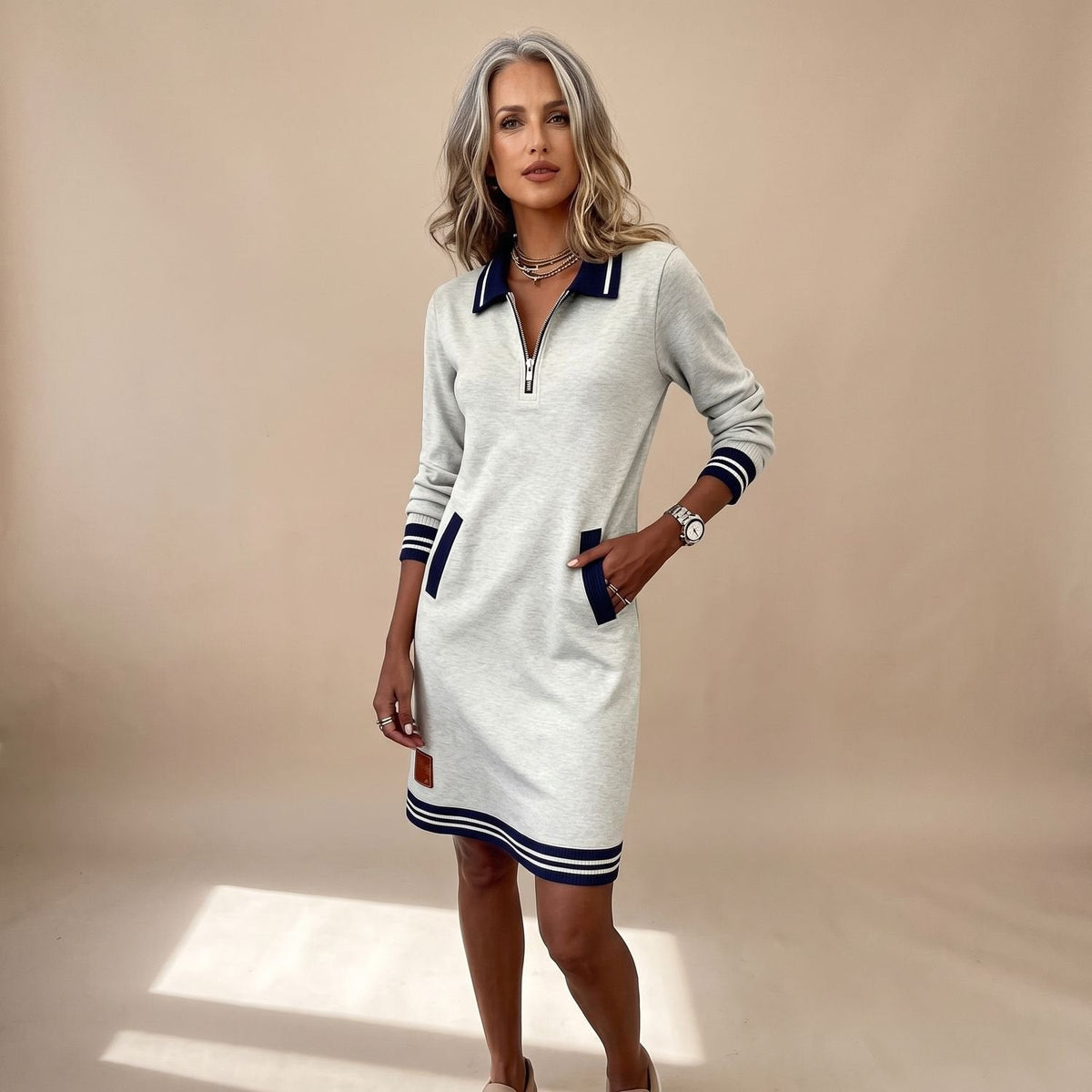 Harper | Women's Long-Sleeve Sweatshirt Dress with Quarter-Zip Polo Collar