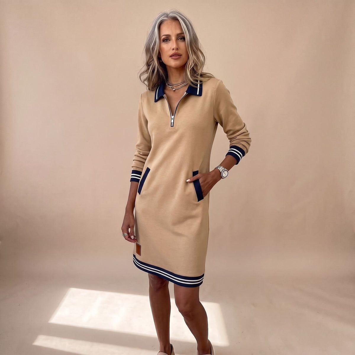 Harper | Women's Long-Sleeve Sweatshirt Dress with Quarter-Zip Polo Collar