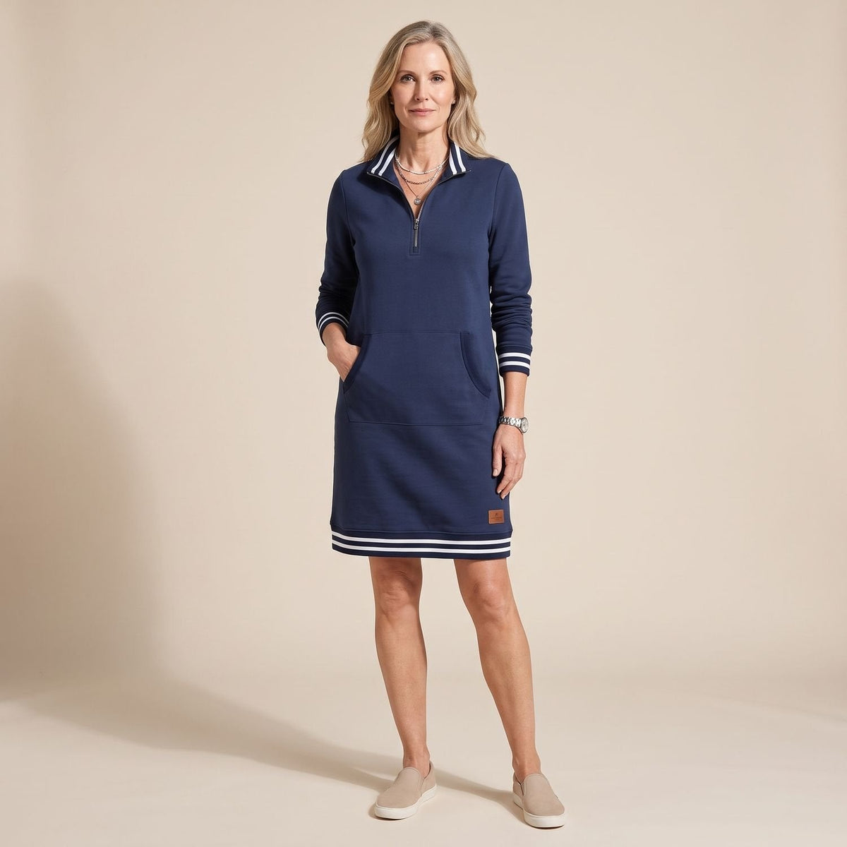 Harper | Women's Long-Sleeve Sweatshirt Dress with Quarter-Zip Polo Collar