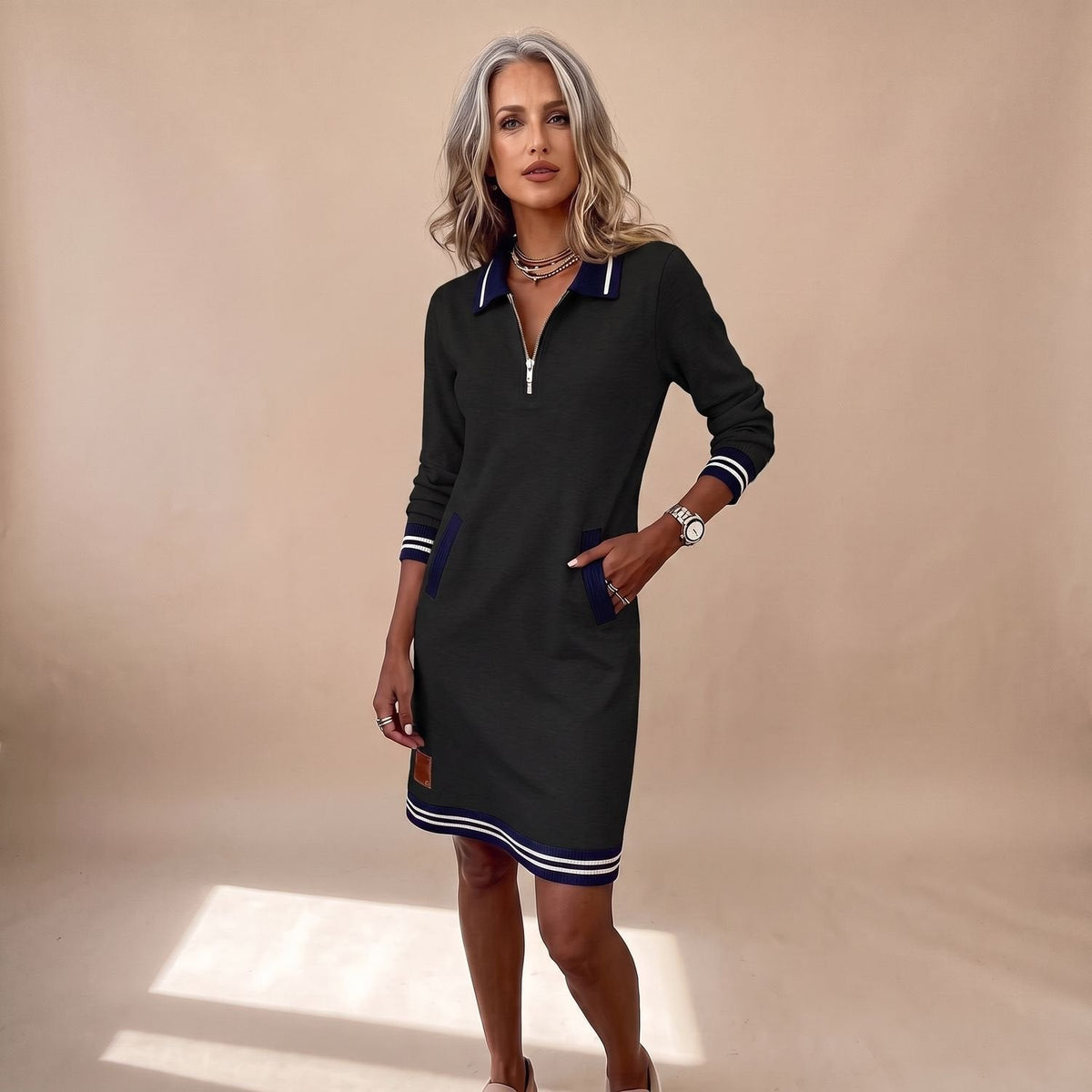 Harper | Women's Long-Sleeve Sweatshirt Dress with Quarter-Zip Polo Collar