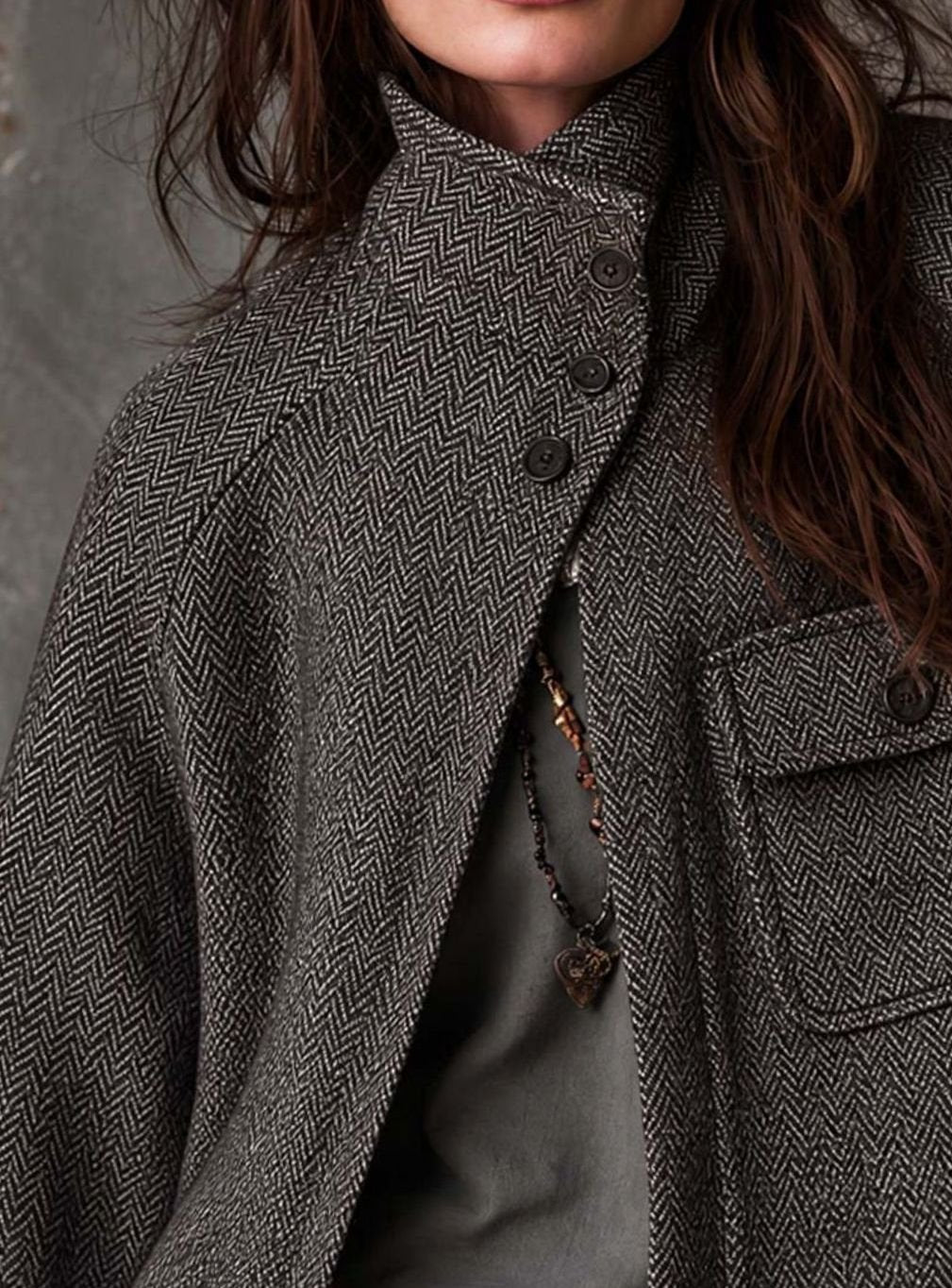 Camila | Women's Herringbone Funnel-Neck Button-Up Jacket - Relaxed Fit