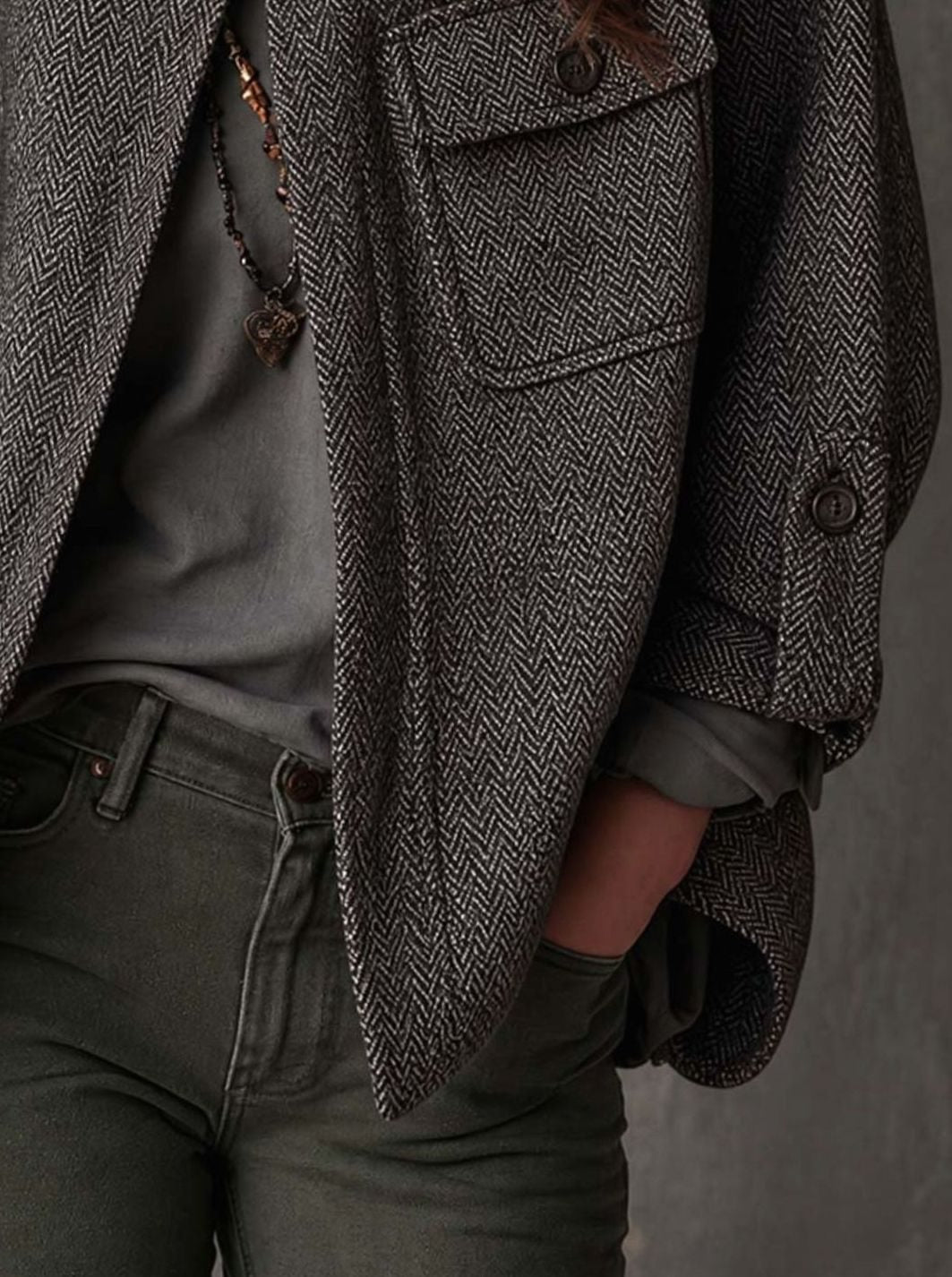 Camila | Women's Herringbone Funnel-Neck Button-Up Jacket - Relaxed Fit
