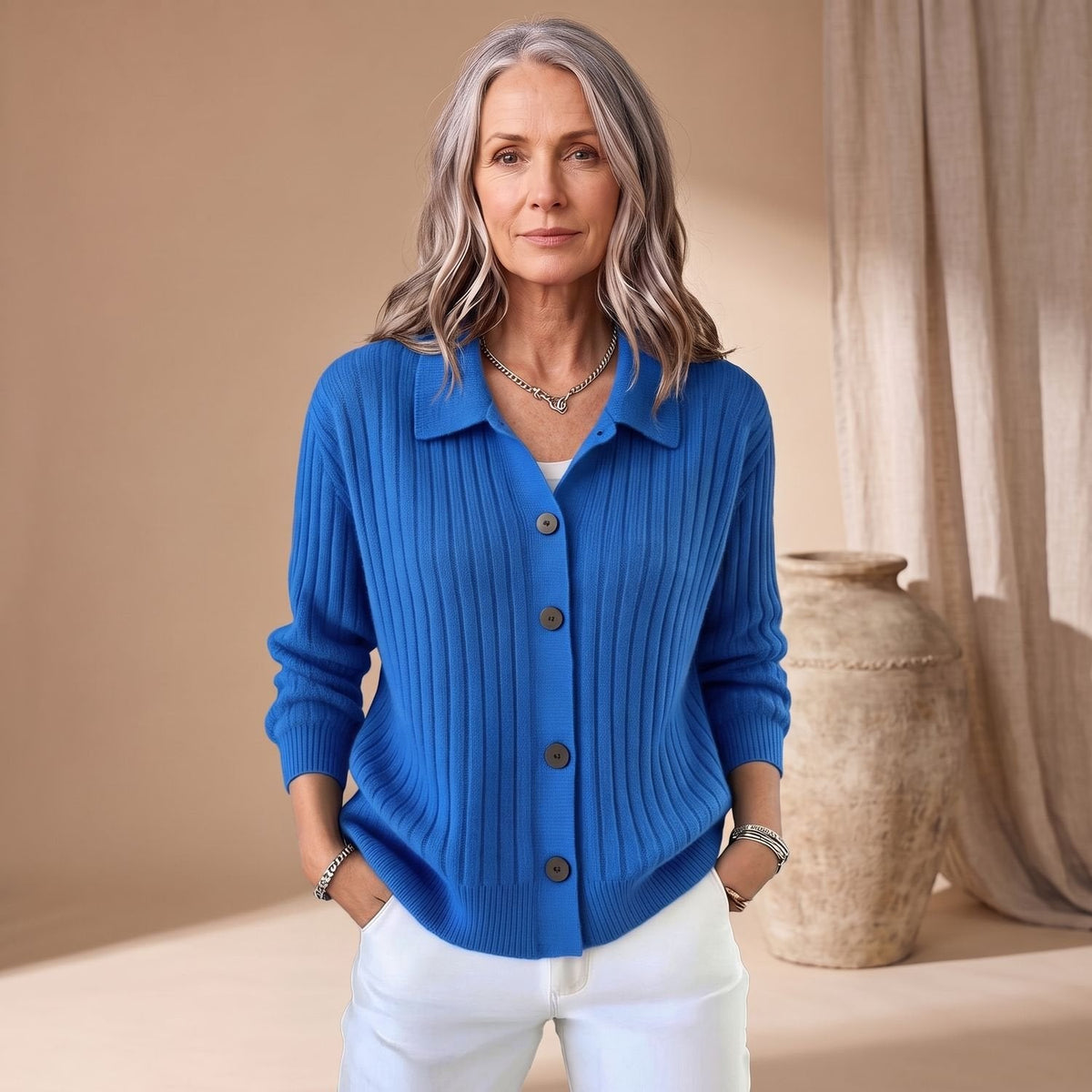 Isabella | Women's Ribbed Button-Up Collared Cardigan