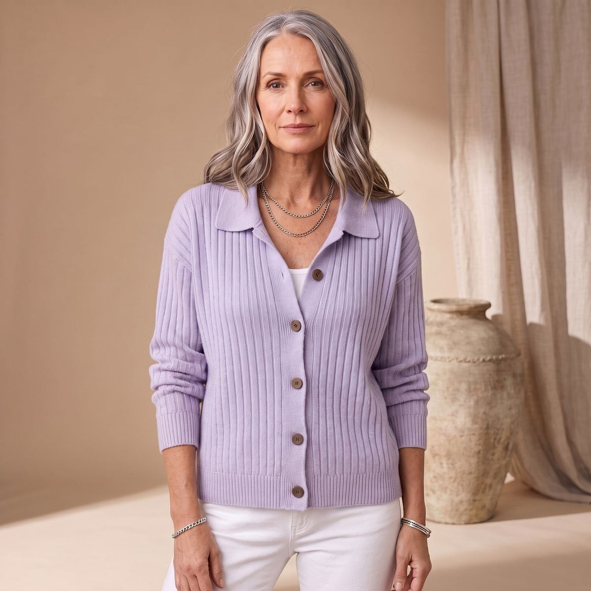 Isabella | Women's Ribbed Button-Up Collared Cardigan