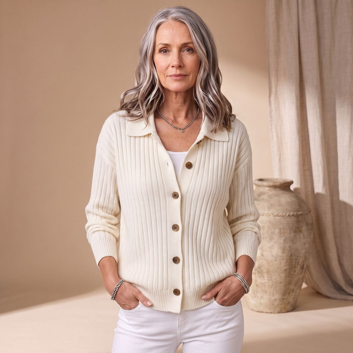 Isabella | Women's Ribbed Button-Up Collared Cardigan